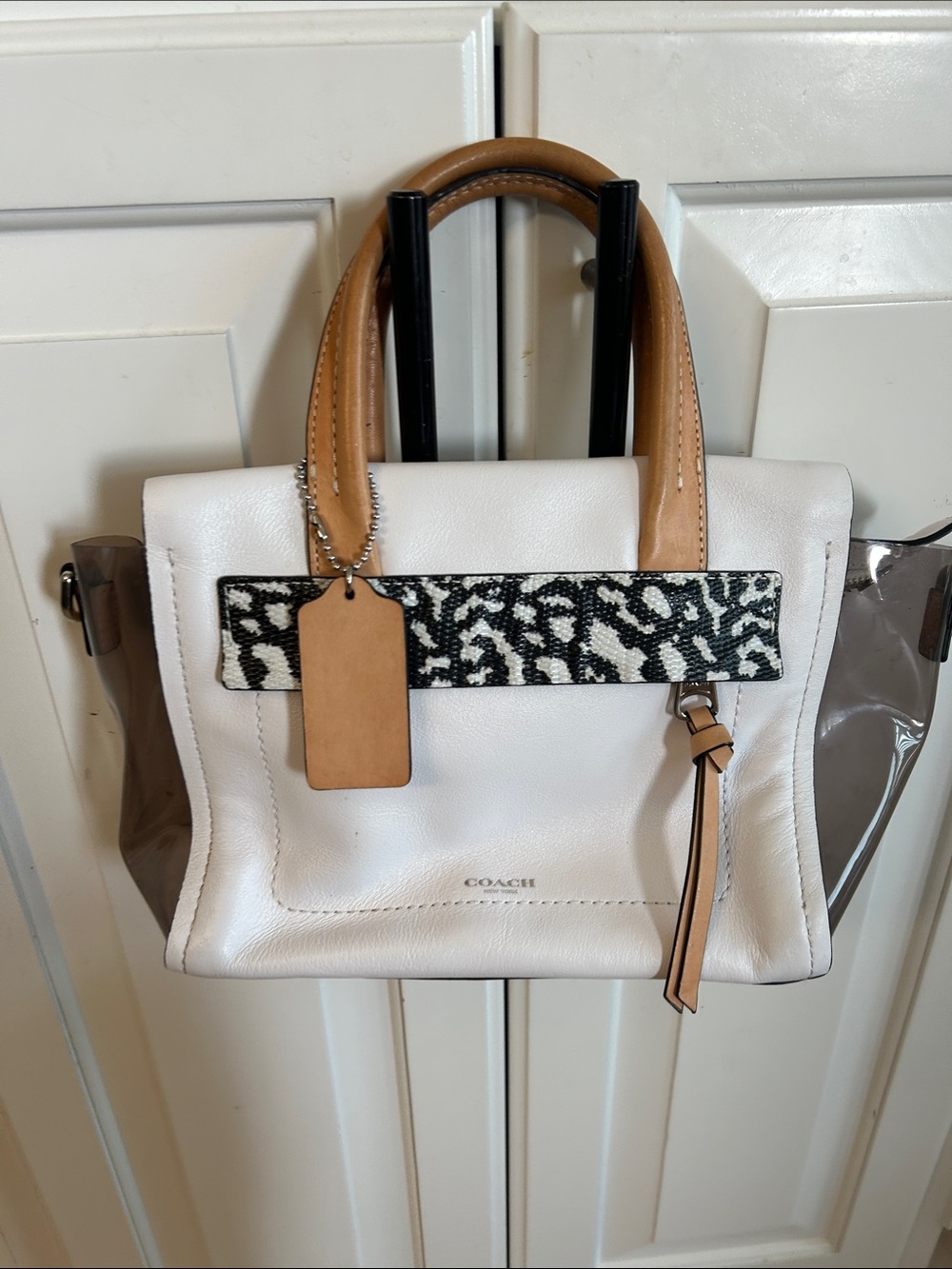 Coach White Leather Satchel with Tan Handles and Black Patterned Accent